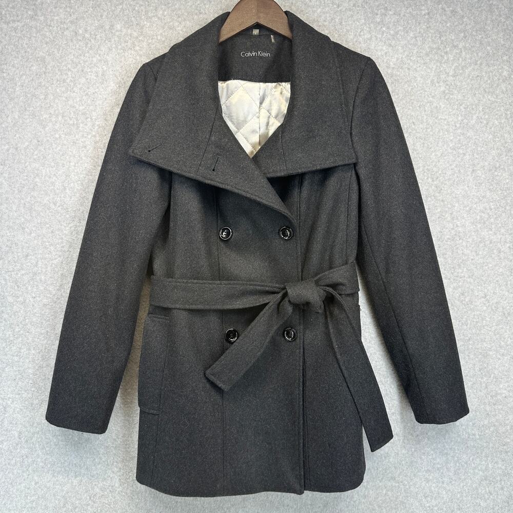 Calvin Klein Peacoat Womens Size 6 Gray Wool Blend Button Double Breasted Belted
